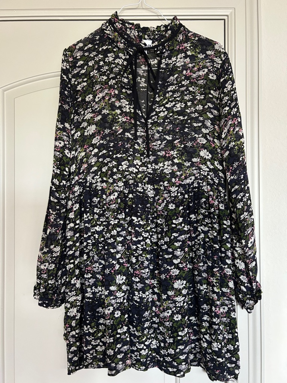Ganni Black Floral Print Long Sleeve Dress